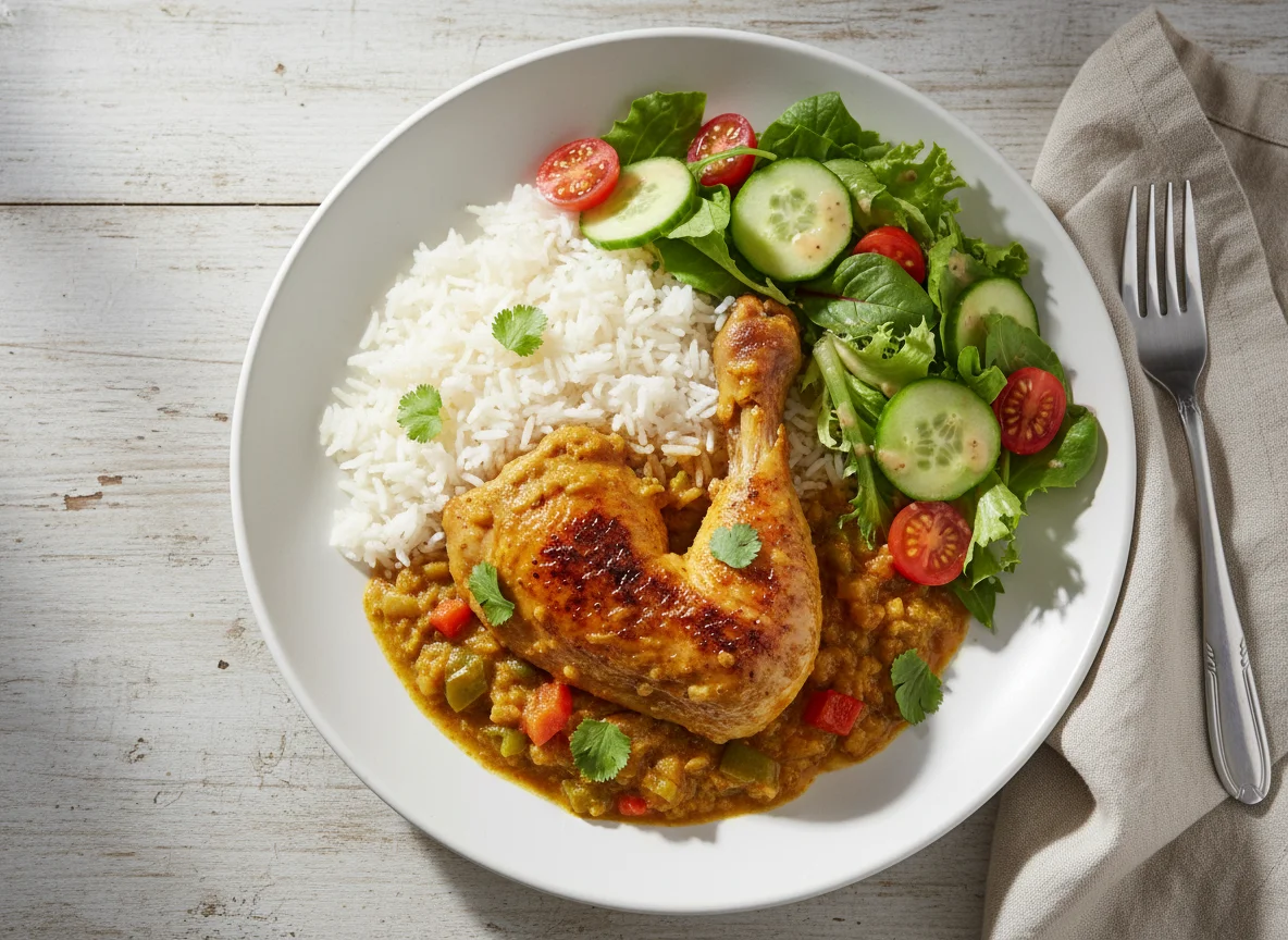 Chicken Curry with Rice and Green Salad photo
