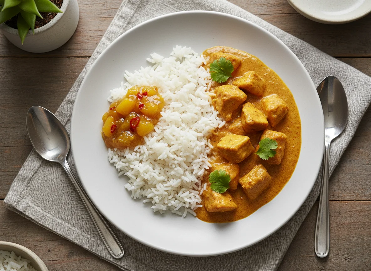 Chicken Curry with Rice and Mango Chutney photo