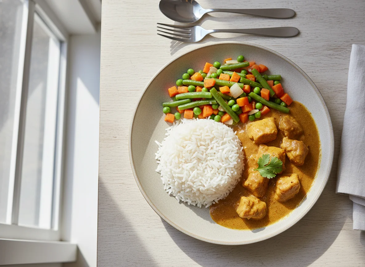 Chicken Curry with Rice and Mixed Vegetables photo
