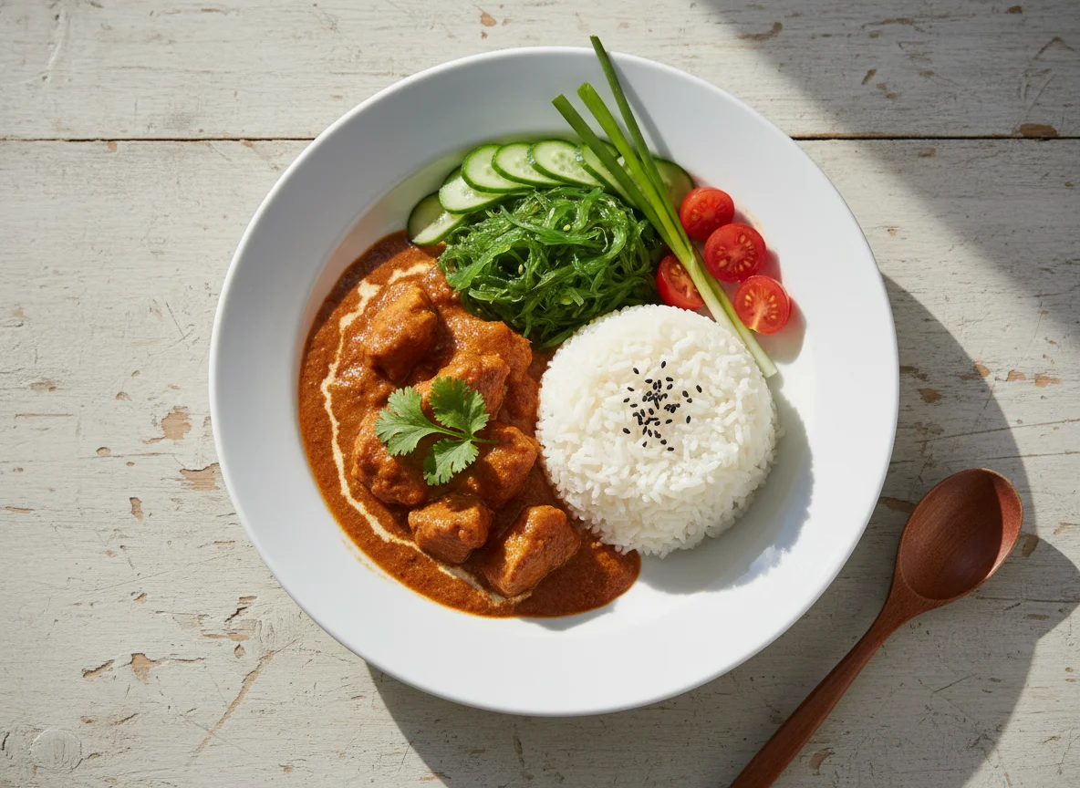 Chicken Curry with Rice and Salad photo