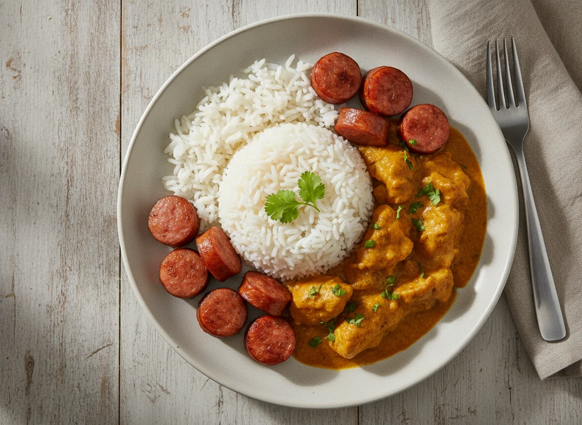 Chicken Curry with Rice and Sausages photo