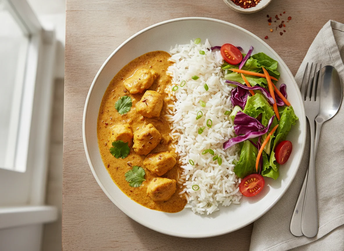 Chicken Curry with Rice and Side Salad photo