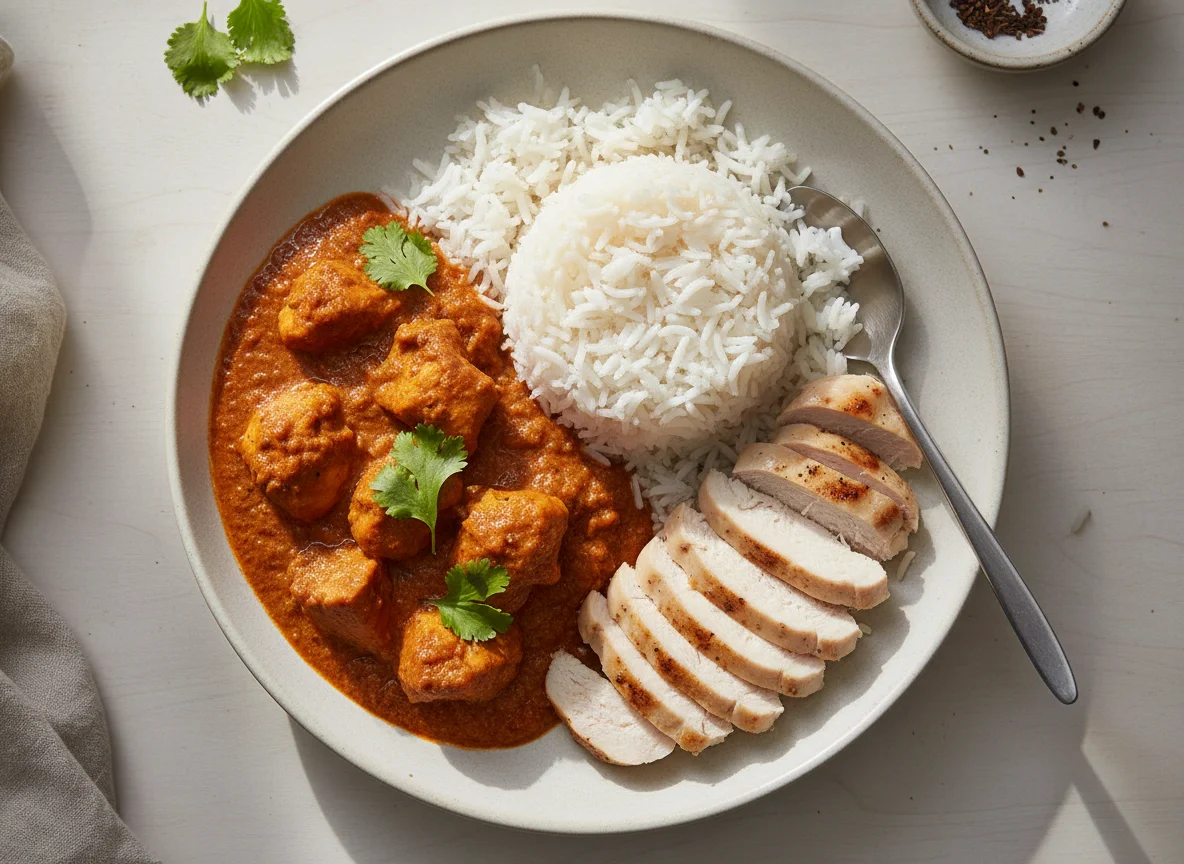 Chicken Curry with Rice and Sliced Chicken Breast photo