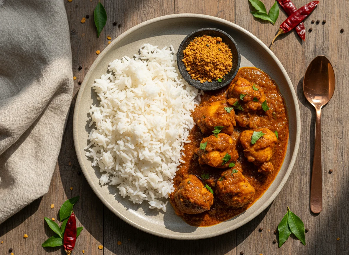 Chicken Curry with Rice and Spice Powder photo