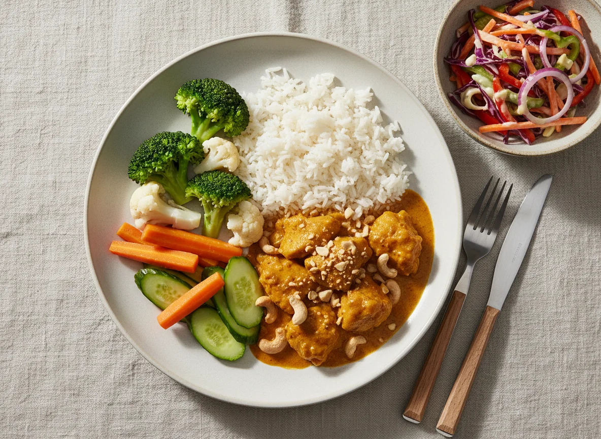 Chicken Curry with Rice and Steamed Vegetables photo