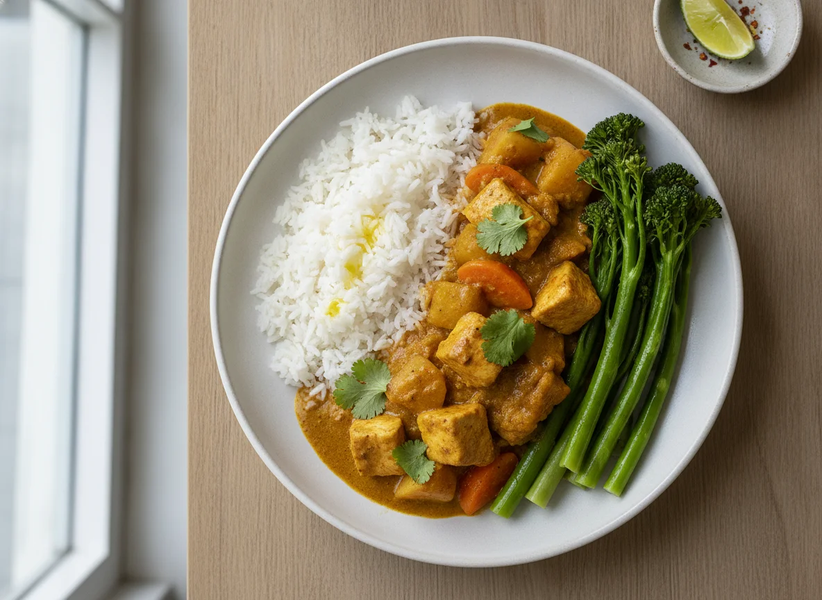Chicken Curry with Rice and Tenderstem Broccoli photo