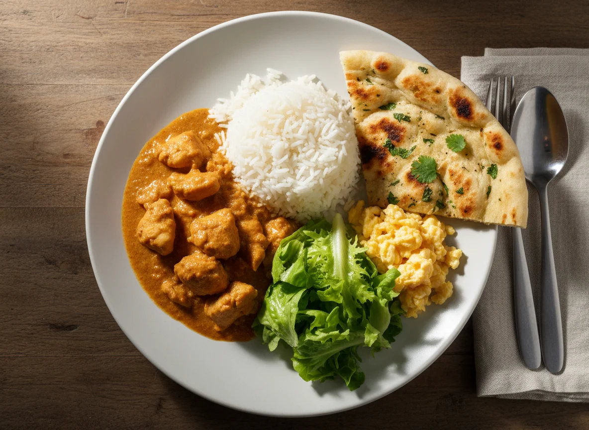 Chicken Curry with Rice, Naan, Scrambled Egg and Lettuce photo
