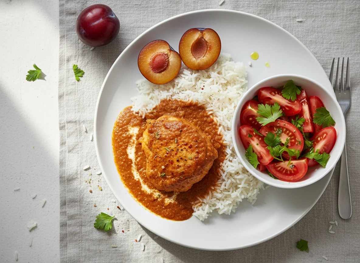 Chicken curry with rice, tomato salad and plums photo