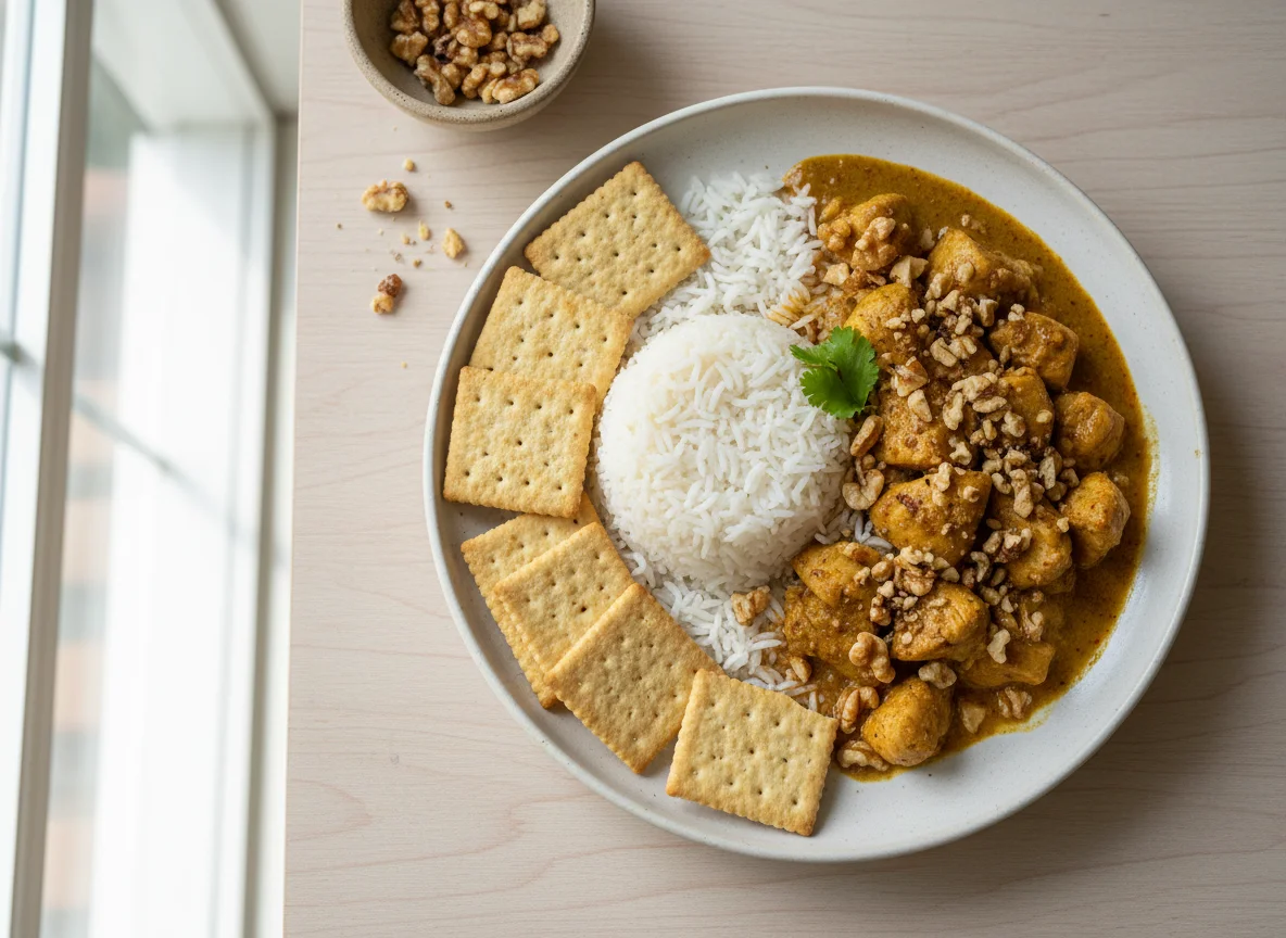 Chicken Curry with Rice, Walnuts and Crackers photo