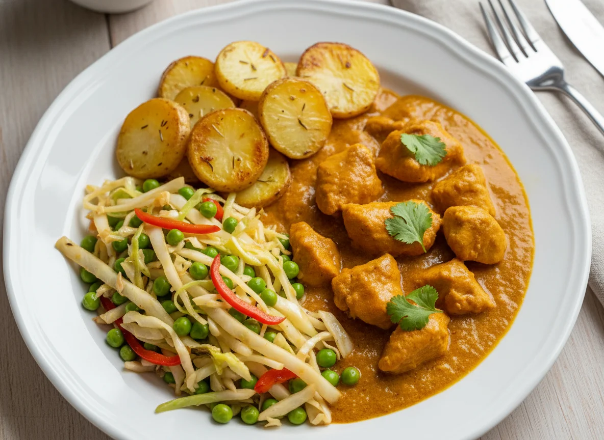 Chicken Curry with Roasted Potatoes and Cabbage & Pea Stir-fry photo