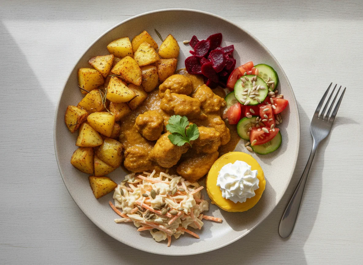 Chicken curry with roasted potatoes and side salad photo