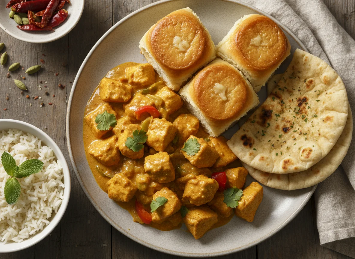 Chicken Curry with Rolls and Flatbread photo