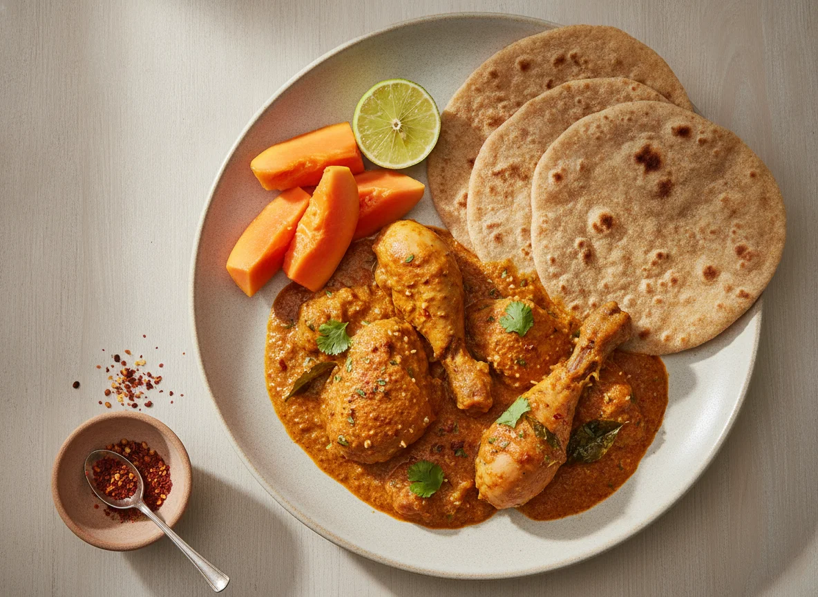 Chicken Curry with Roti and Papaya photo