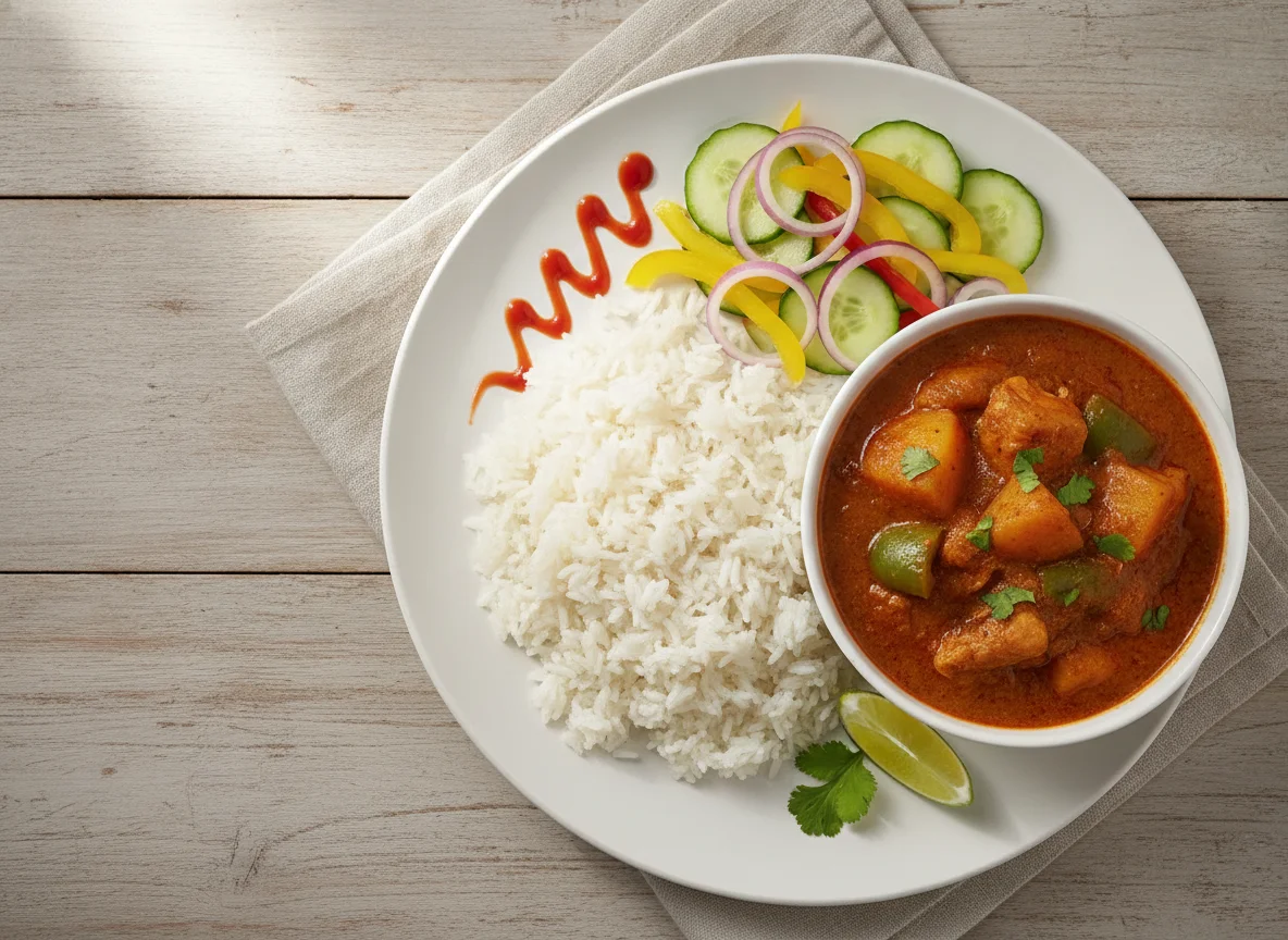 Chicken Curry with White Rice and Salad photo