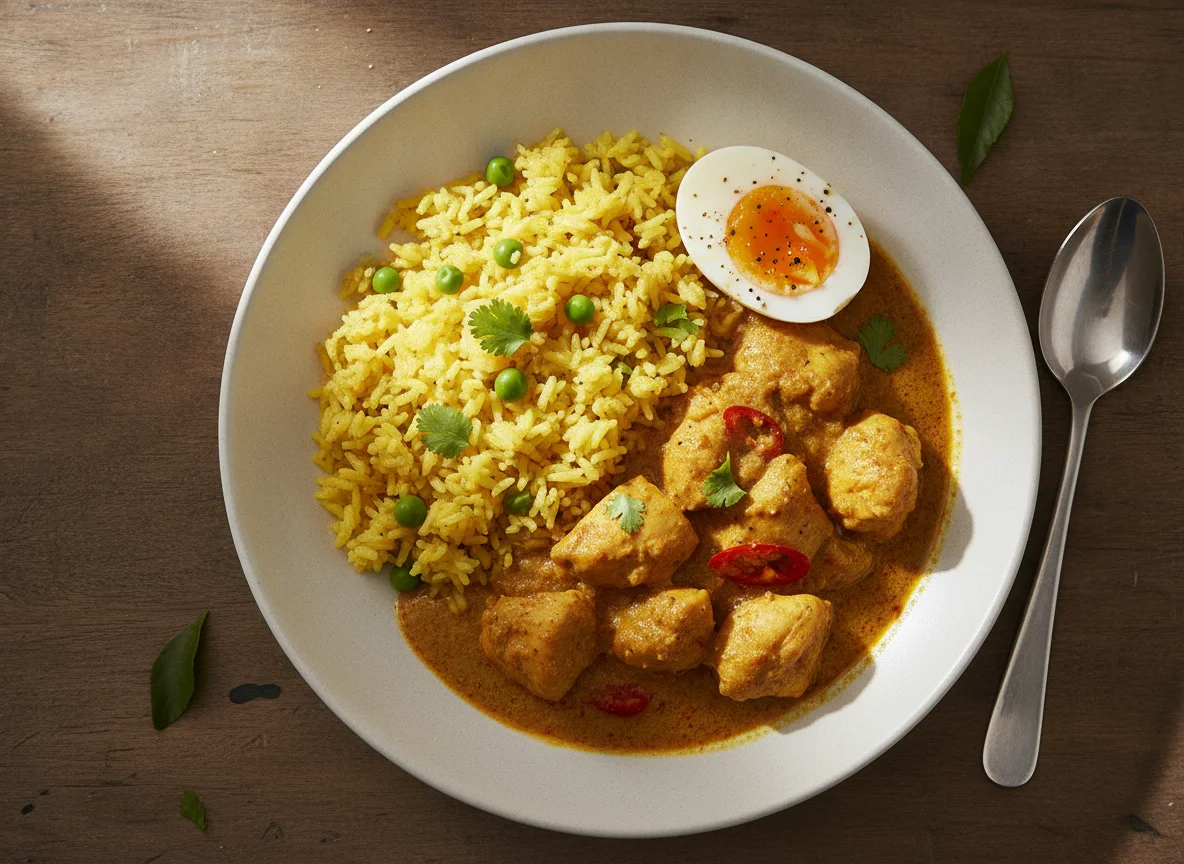 Chicken Curry with Yellow Rice and Boiled Egg photo