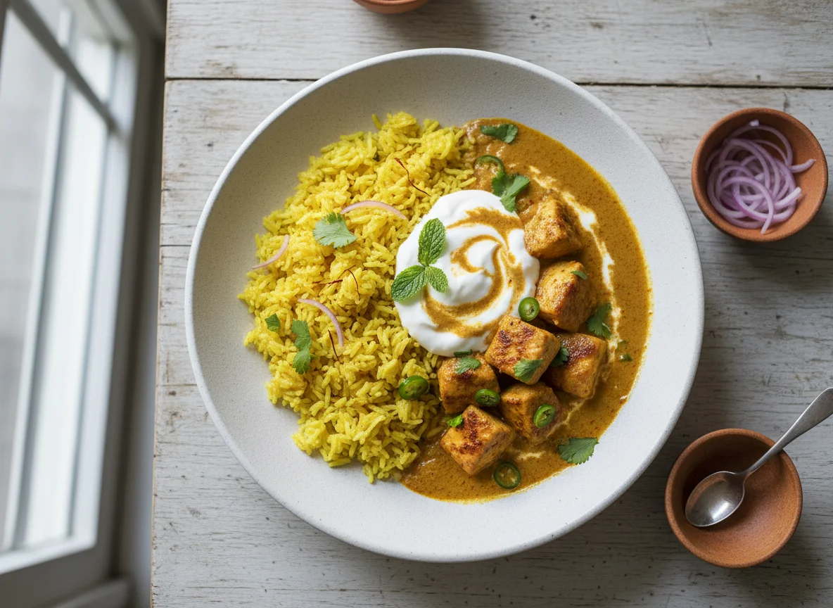 Chicken Curry with Yellow Rice and Yogurt photo