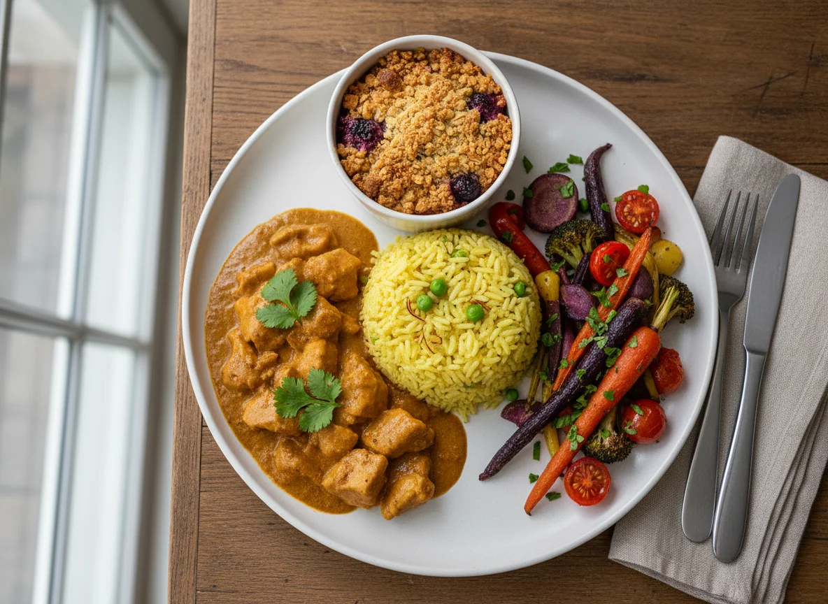 Chicken Curry with Yellow Rice, Mixed Vegetables and Crumble photo