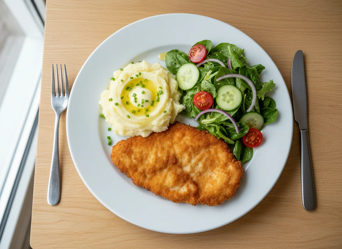 Chicken cutlet with mashed potatoes and vegetable salad photo