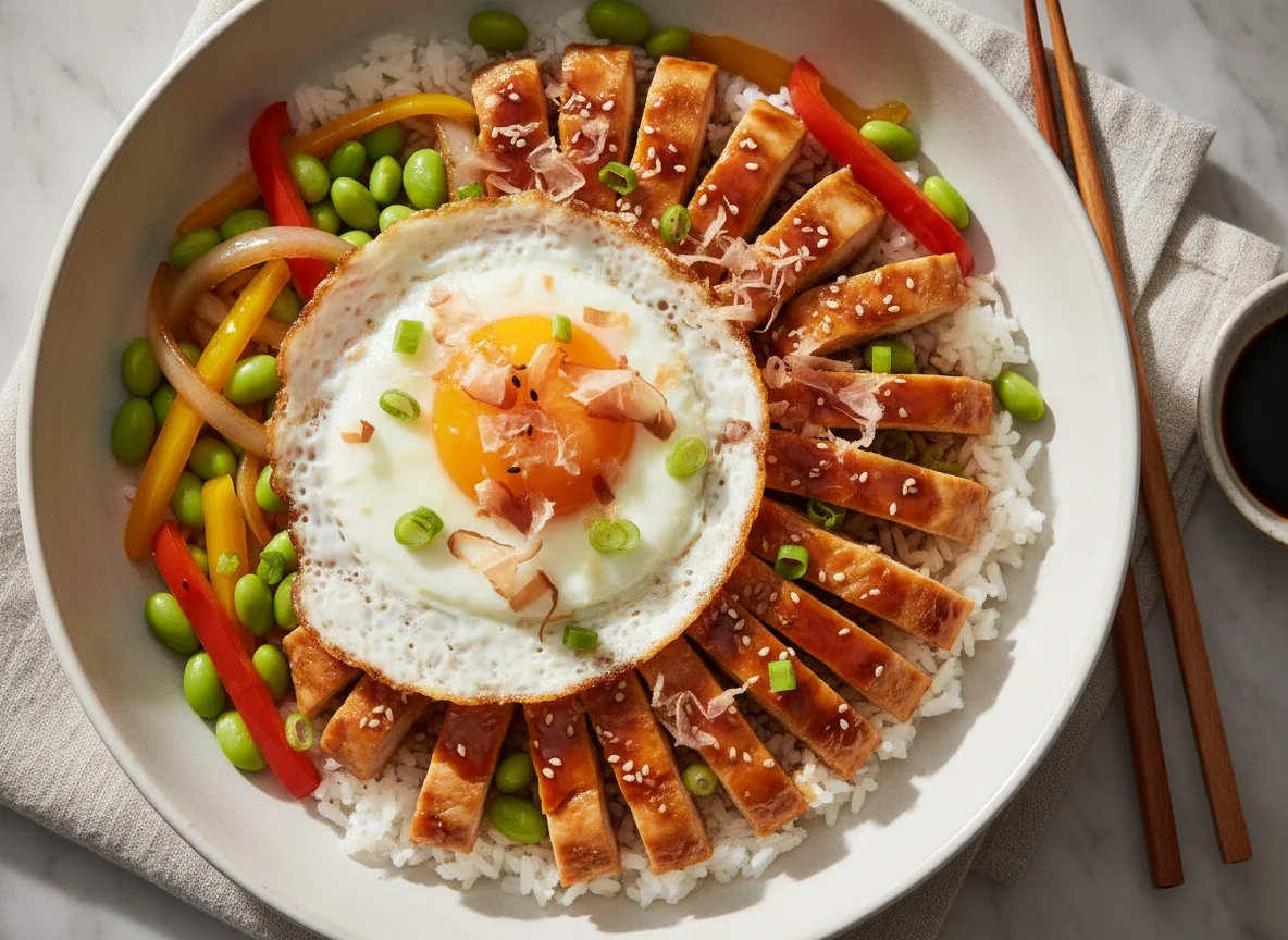 Chicken Donburi with Egg and Bonito Flakes photo