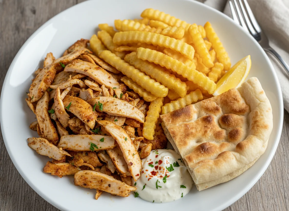 Chicken Doner Kebab with Chips and Flatbread photo