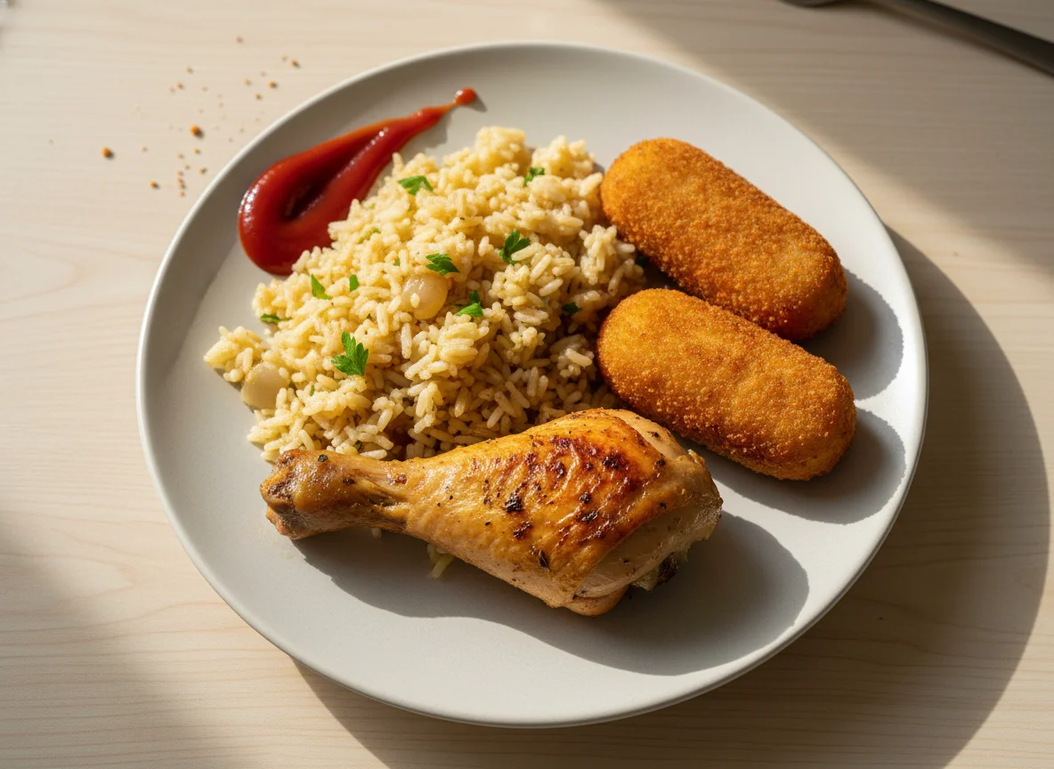 Chicken Drumstick with Rice and Croquette photo