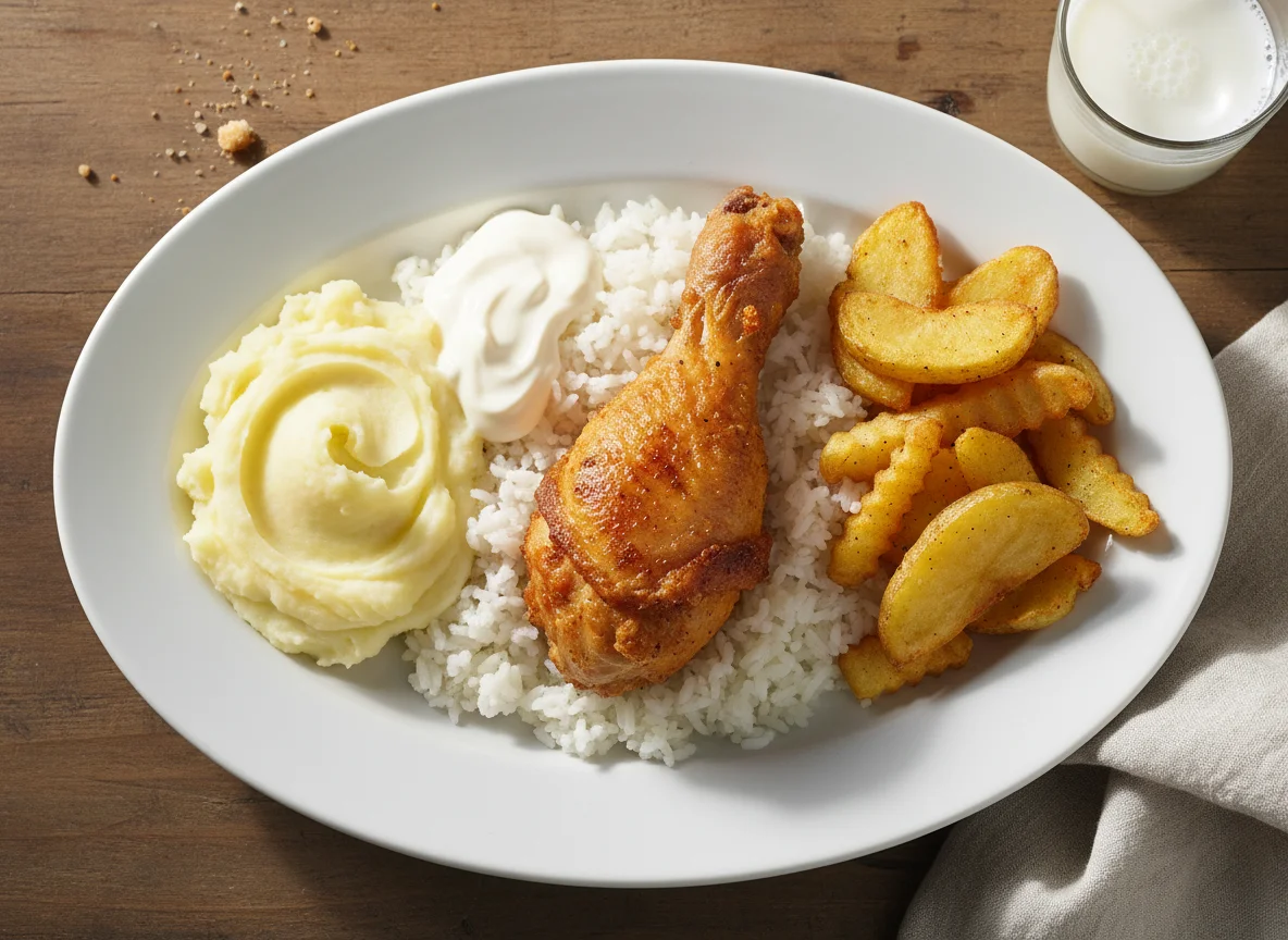 Chicken drumstick with rice, mashed potatoes, fried potatoes, and milk photo