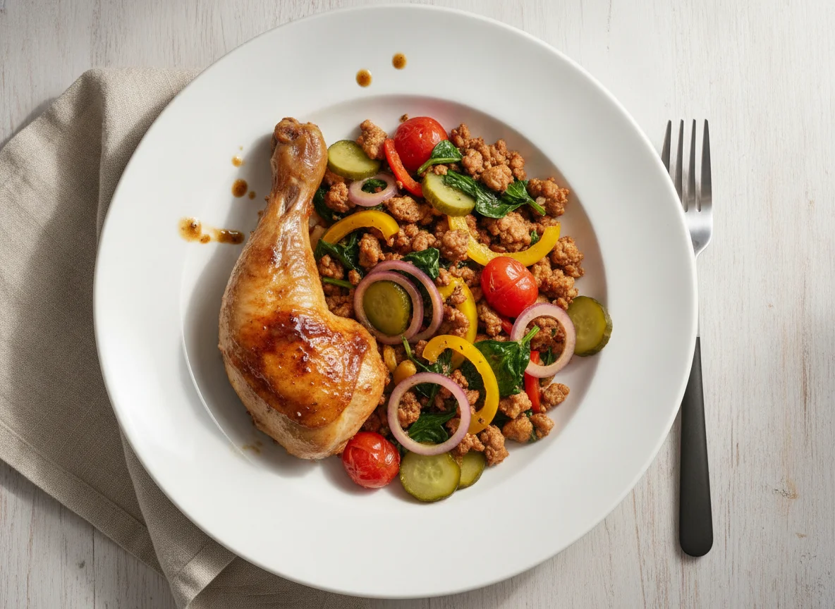 Chicken drumstick with vegetable and minced meat stir-fry photo