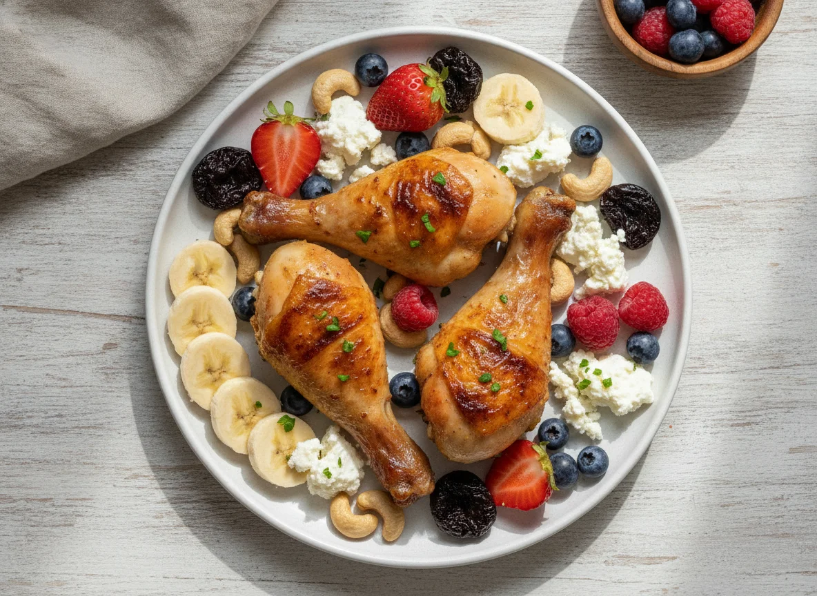 Chicken drumsticks with fruit, nuts, and cheese photo