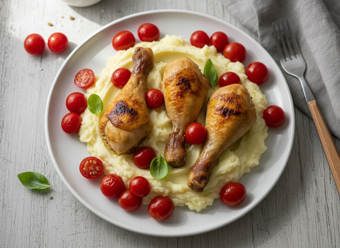 Chicken drumsticks with mashed potatoes and cherry tomatoes photo