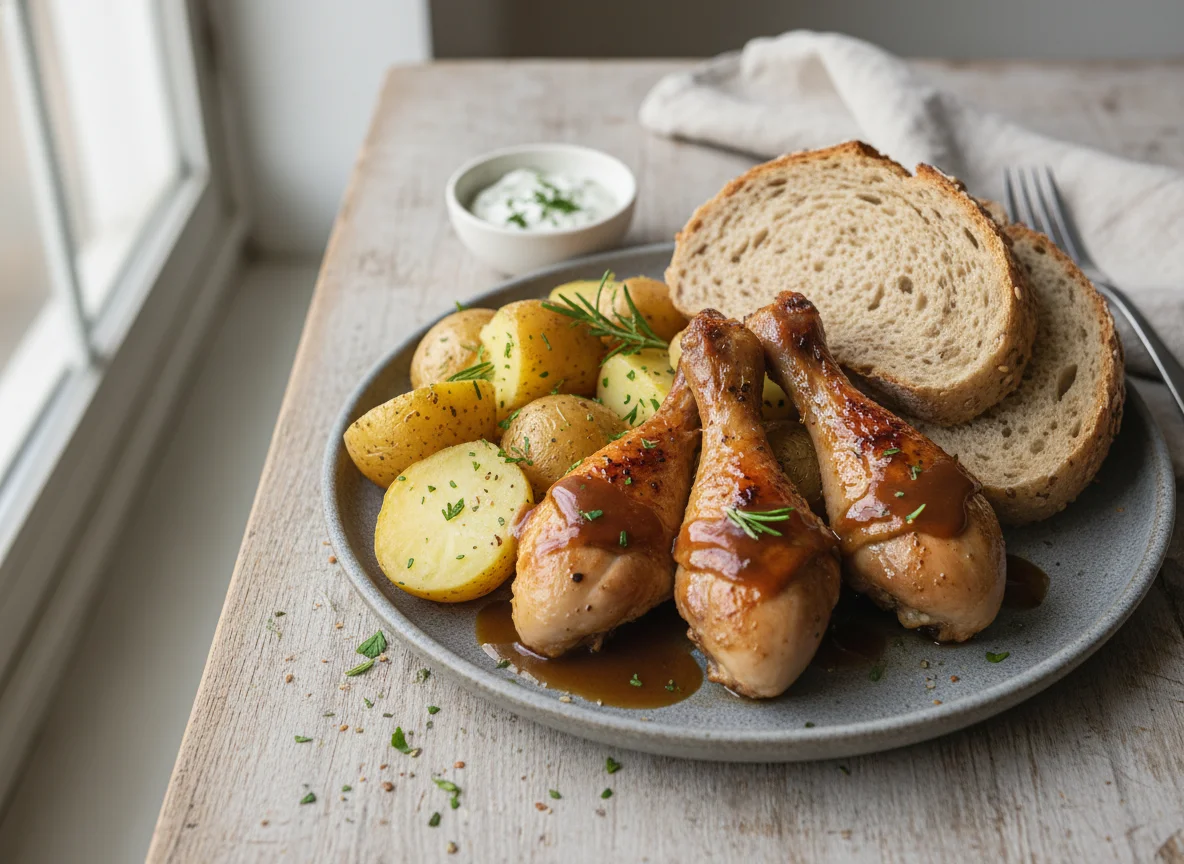 Chicken drumsticks with potatoes and bread photo