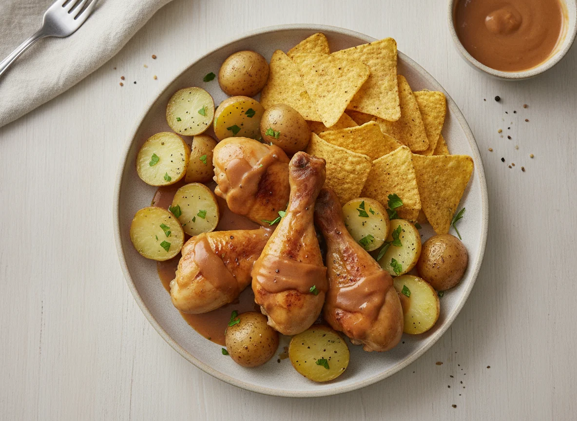 Chicken drumsticks with potatoes and nachos photo