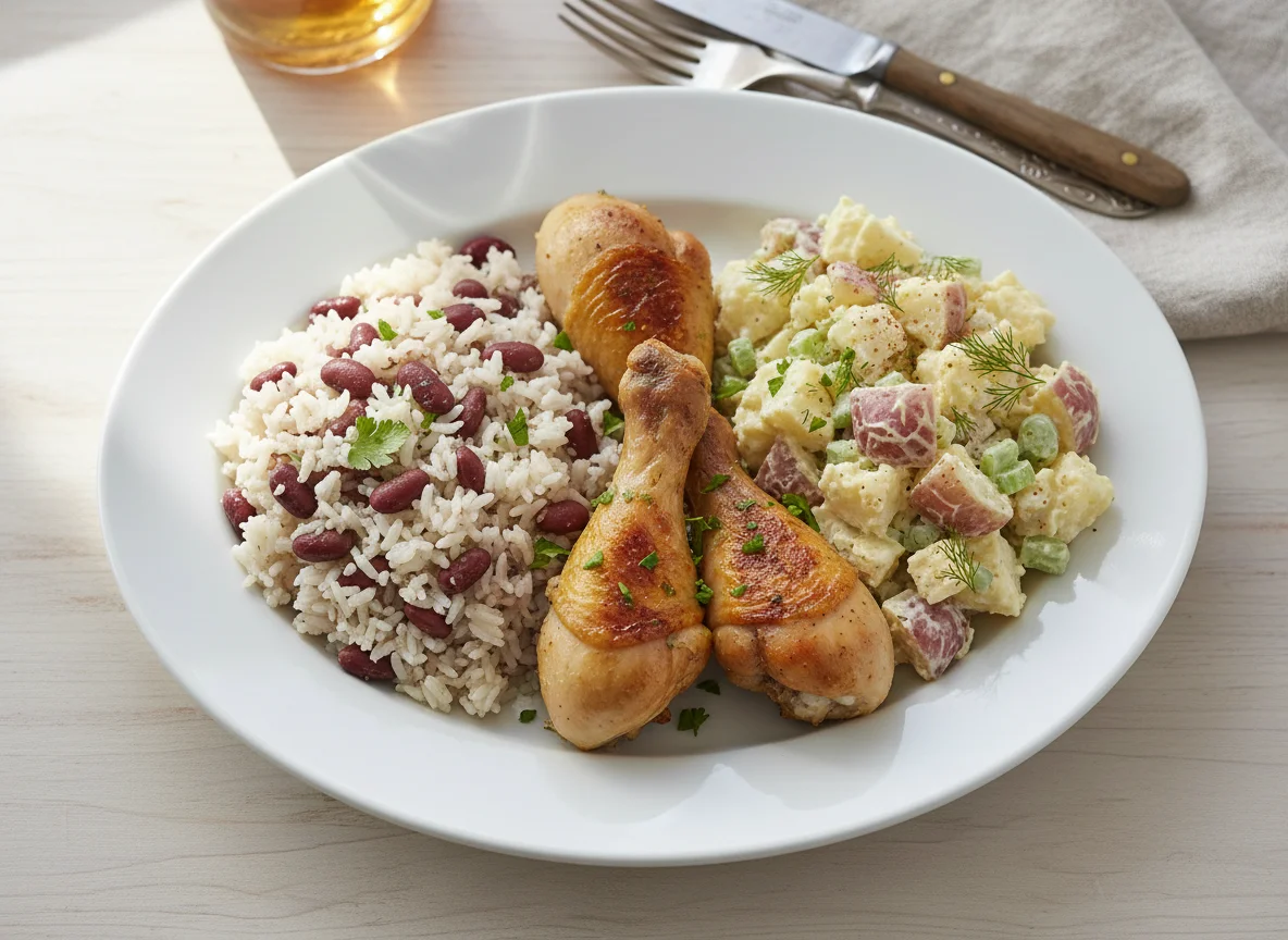 Chicken Drumsticks with Rice and Beans and Potato Salad photo