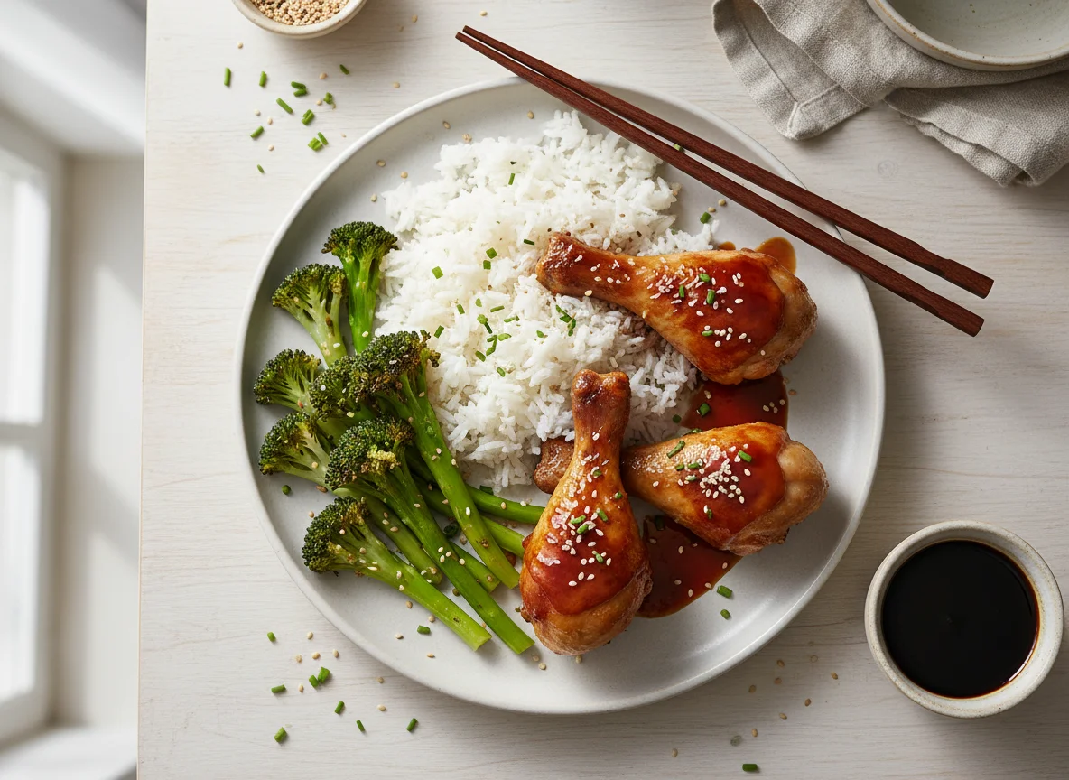Chicken Drumsticks with Rice and Broccoli photo