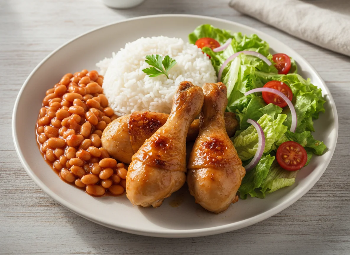 Chicken Drumsticks with Rice, Baked Beans and Lettuce photo