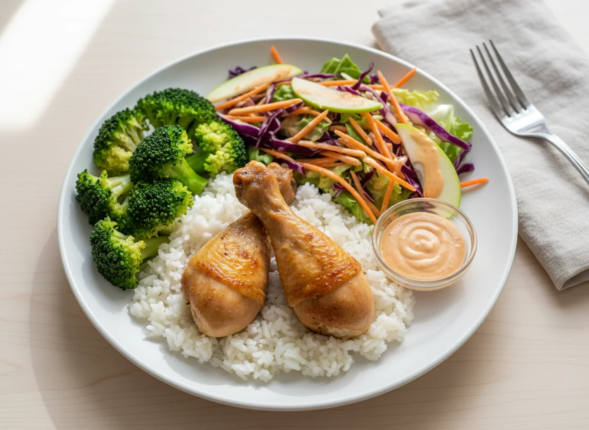 Chicken drumsticks with rice, broccoli, and salad photo