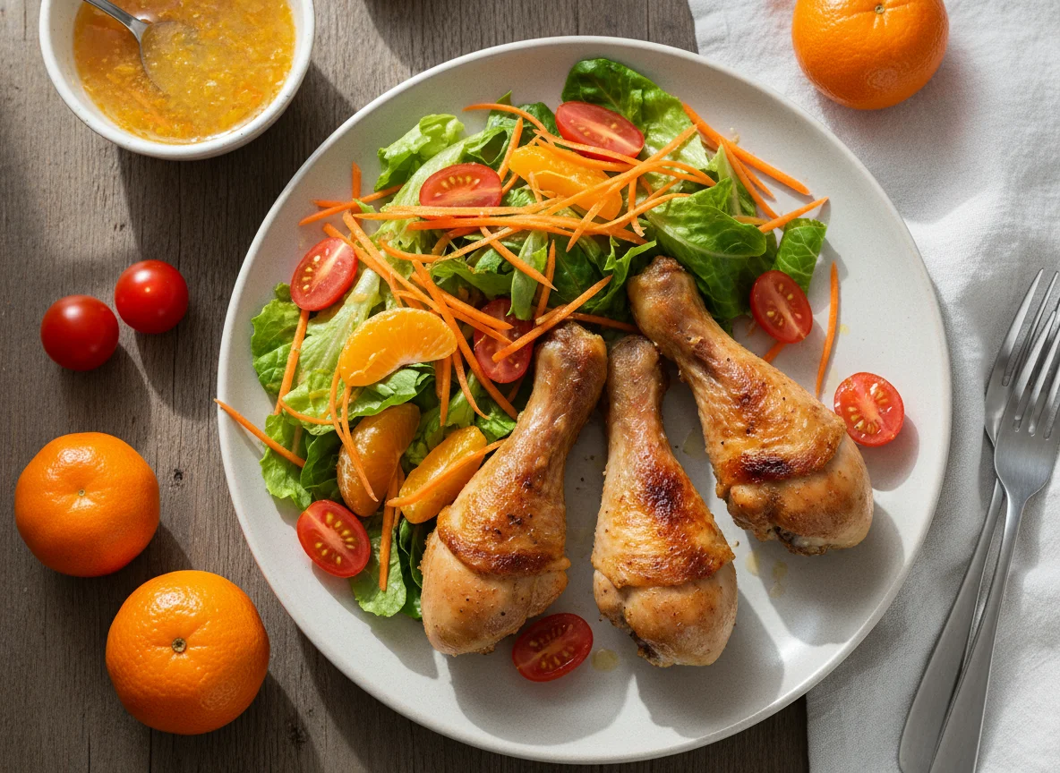 Chicken drumsticks with salad and mandarins photo