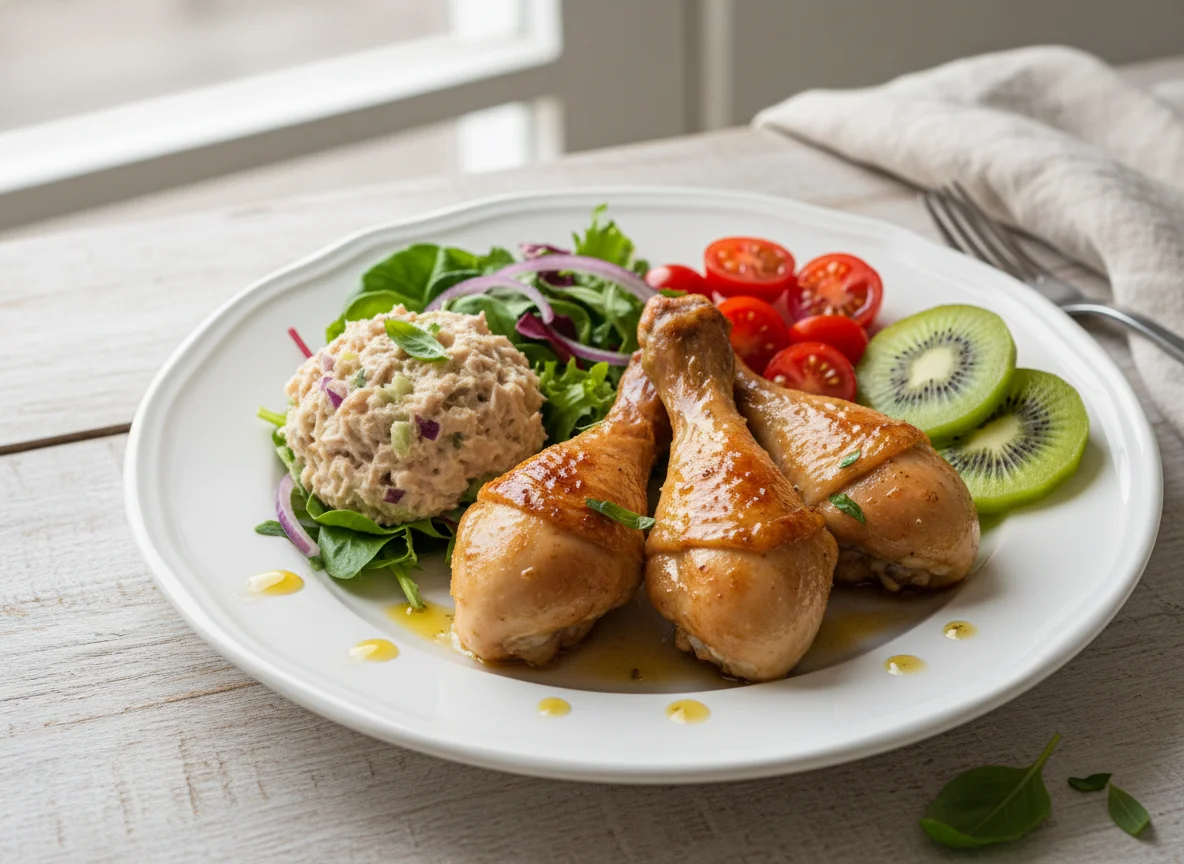 Chicken drumsticks with tuna salad, cherry tomatoes and kiwi photo