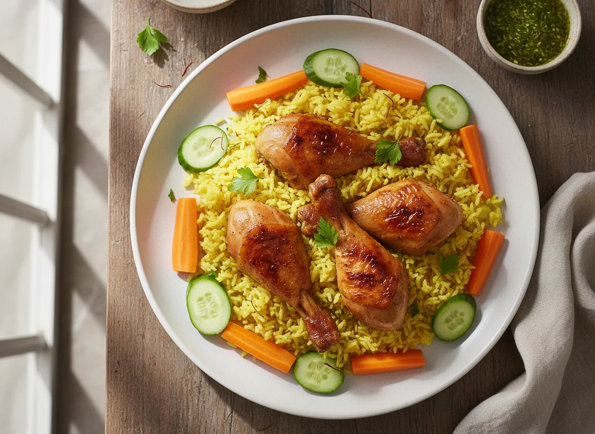 Chicken Drumsticks with Yellow Rice and Vegetables photo