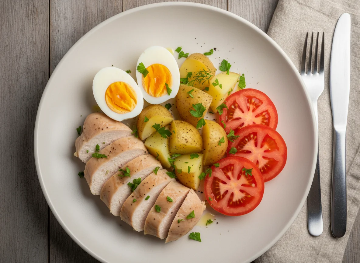 Chicken, Egg, Potato and Tomato Plate photo