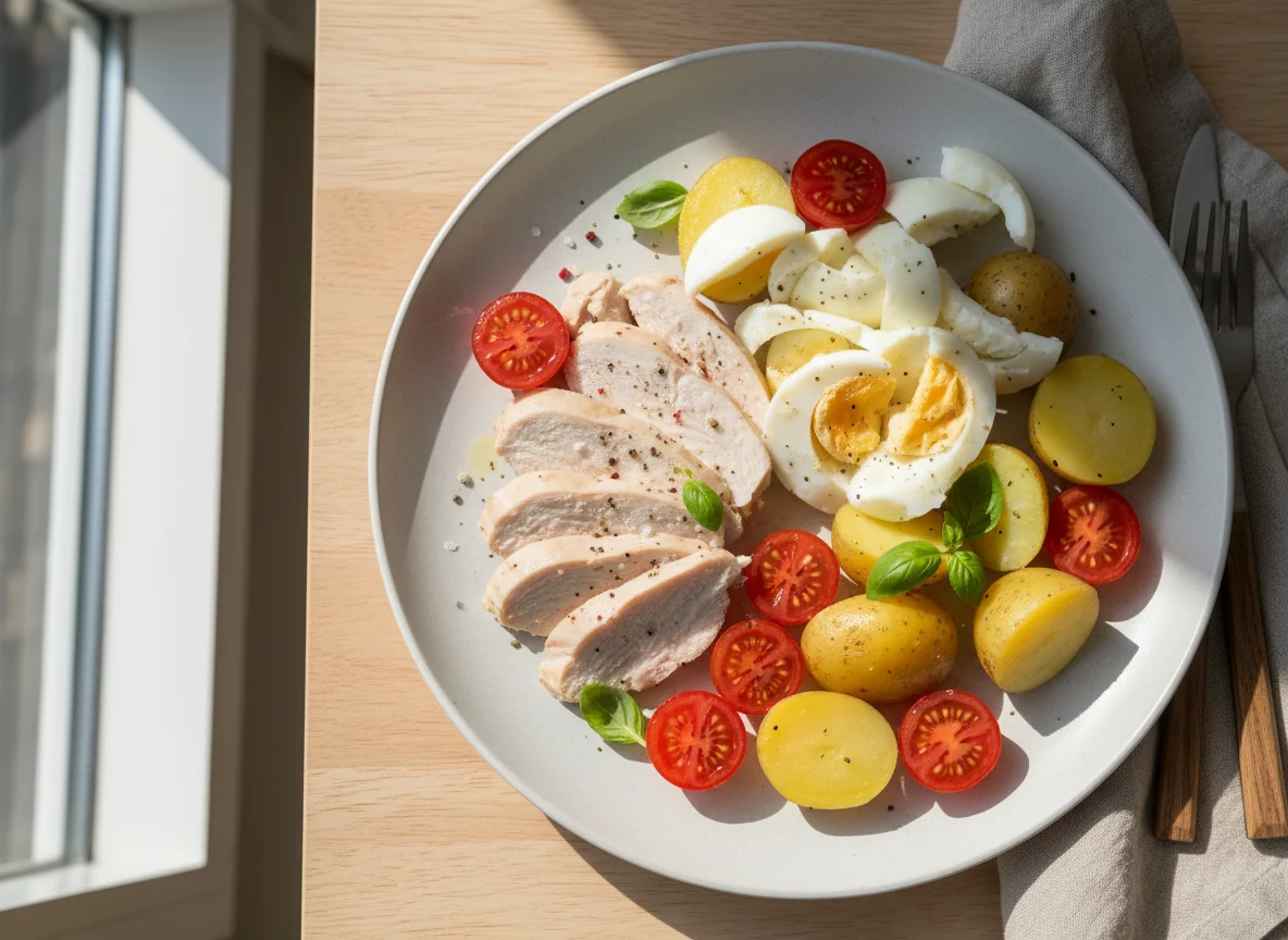 Chicken, Egg White, Potato and Tomato Plate photo