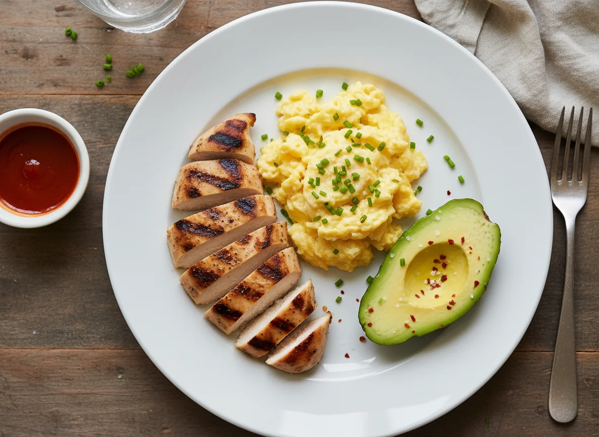 Chicken, Eggs, and Avocado Plate photo