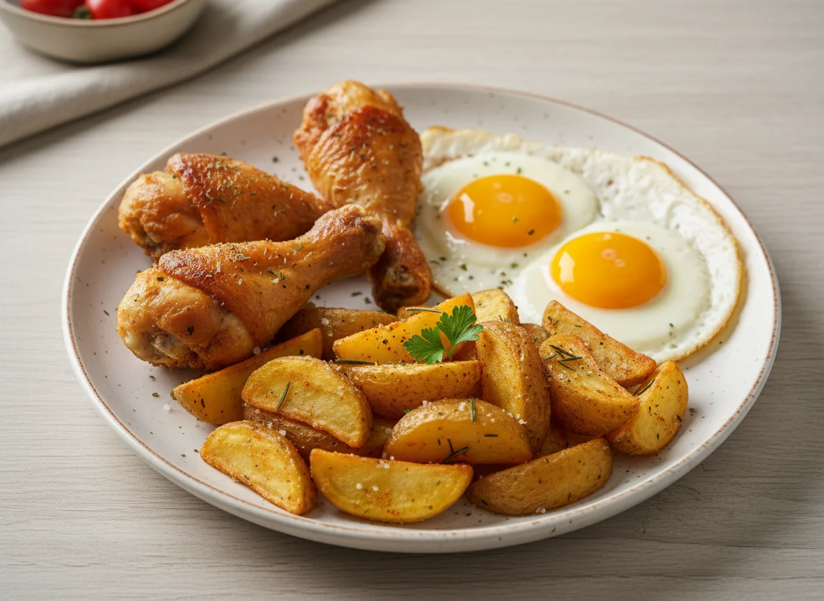 Chicken, Eggs and Potato Wedges photo