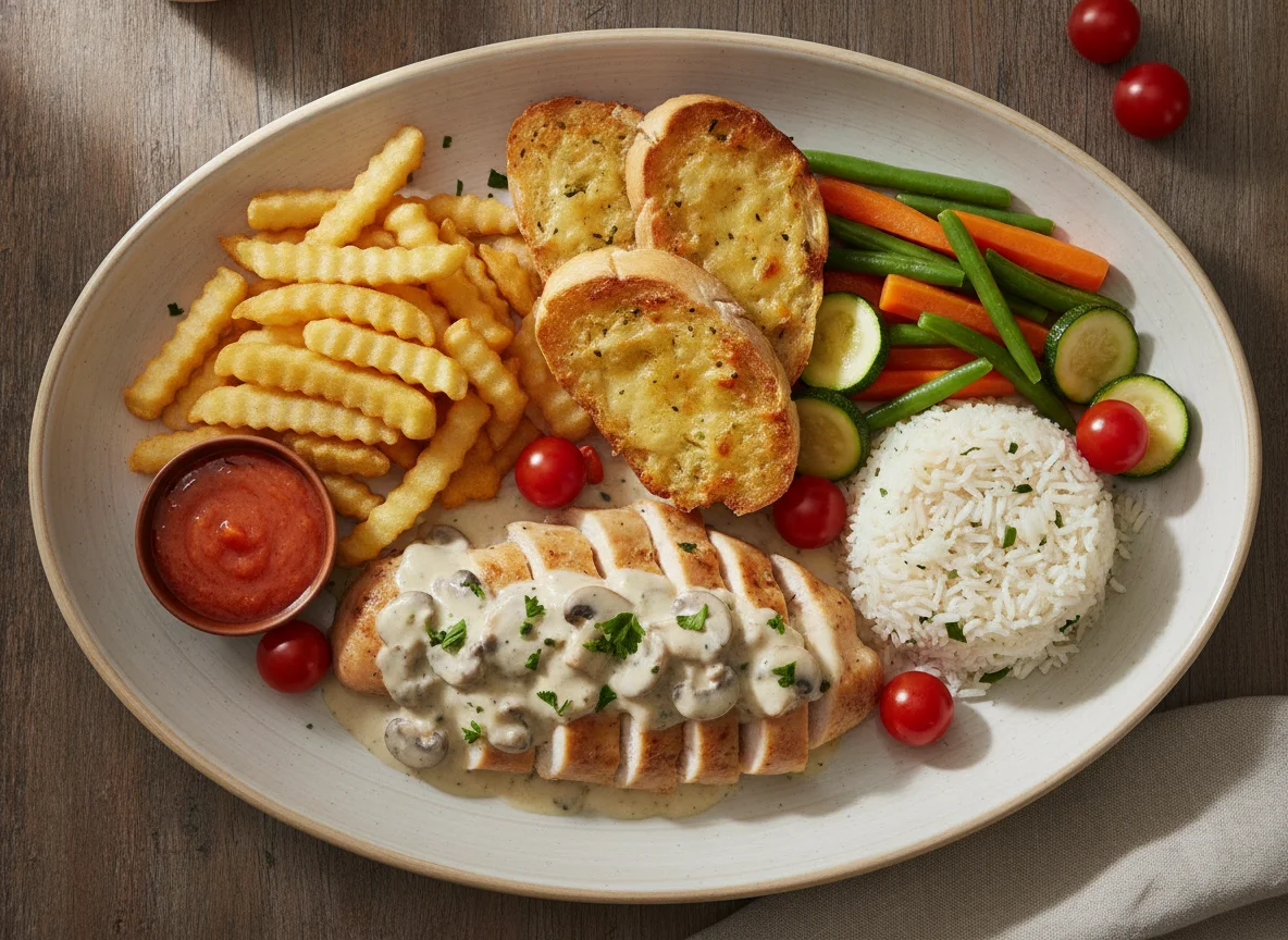 Chicken Emince with French Fries and Steamed Vegetables photo