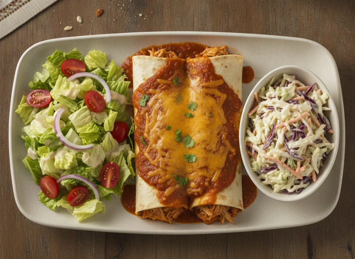 Chicken Enchilada with Side Salad and Coleslaw photo