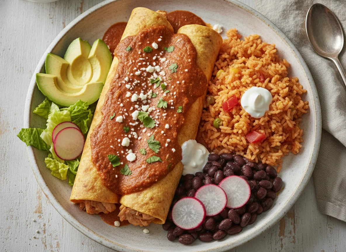 Chicken Enchiladas with Rice and Black Beans photo