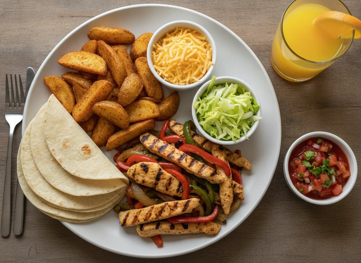Chicken Fajita Platter with Potato Wedges and Orange Juice photo