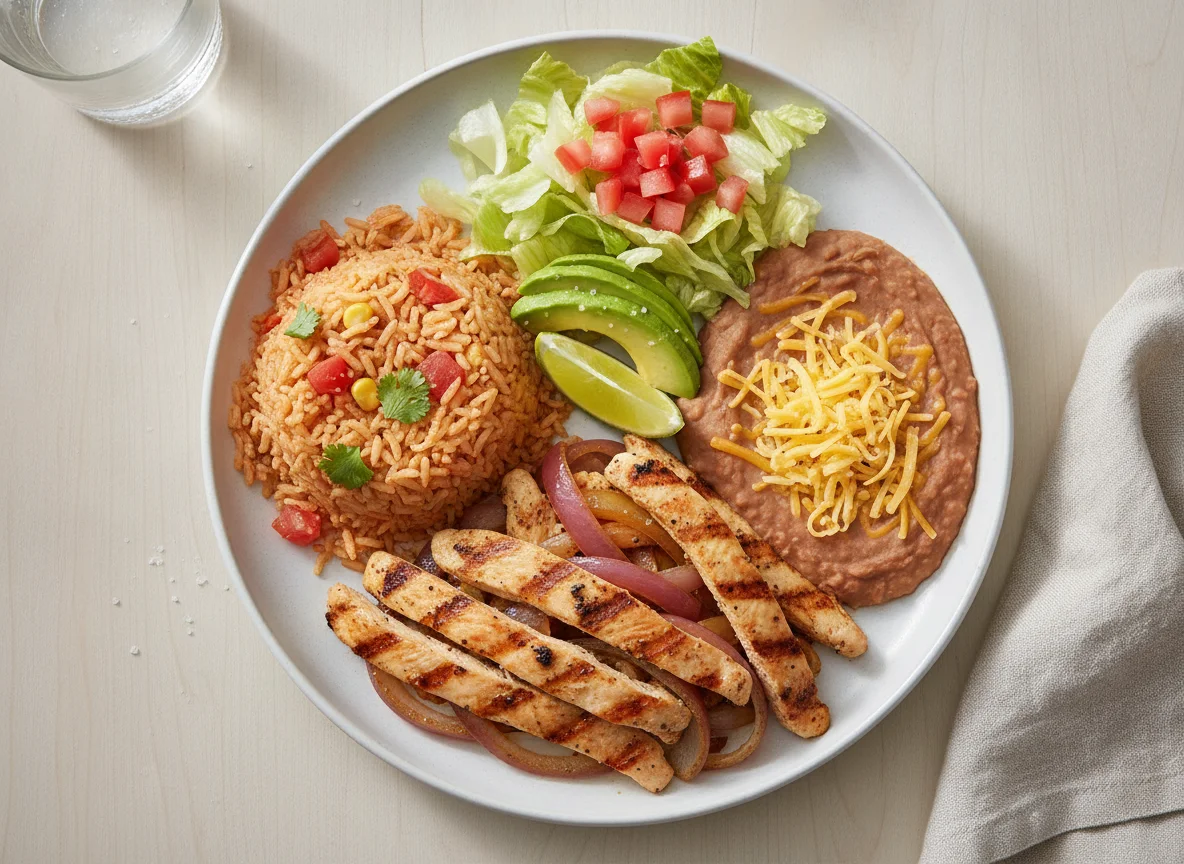 Chicken Fajita Platter with Rice and Beans photo
