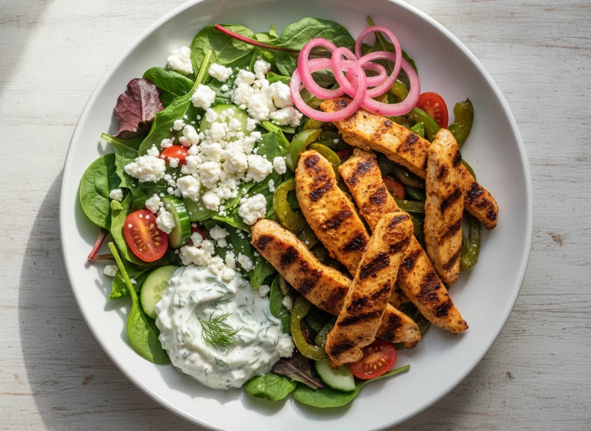 Chicken Fajita Strips with Feta Salad and Tzatziki photo