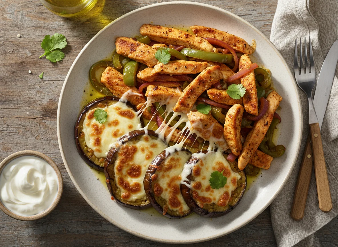 Chicken Fajita Style with Cheesy Eggplant photo