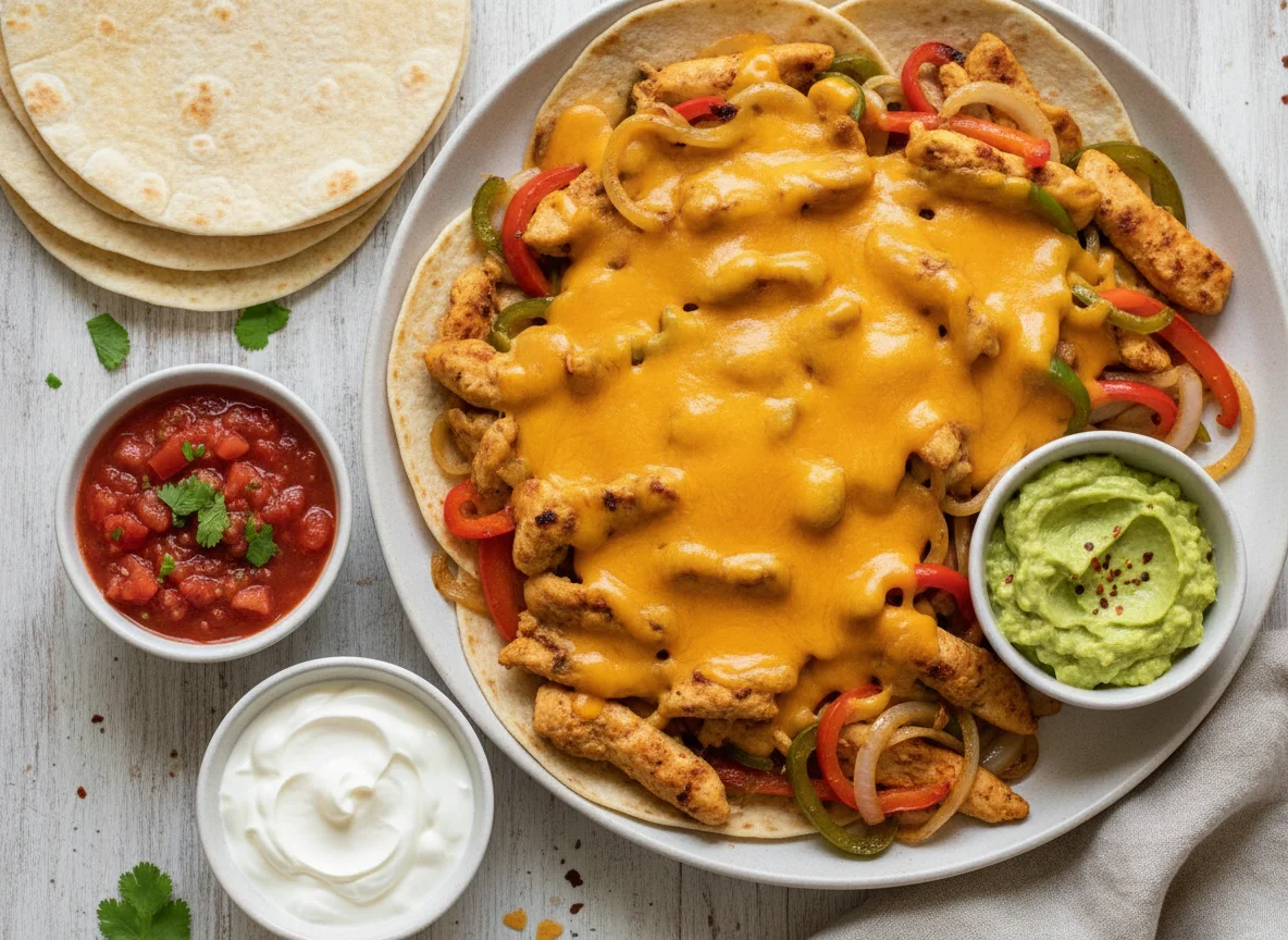 Chicken Fajita with Melted Cheese and Dips photo